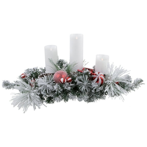 Northlight Triple Candle Holder with Flocked Pine and Christmas Ornaments - 32" - Red and White