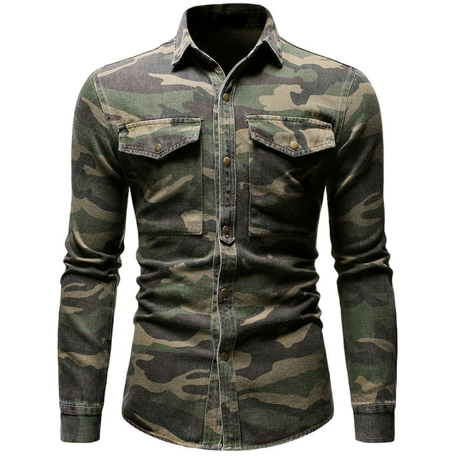 DPTALR Outdoor Mountaineering Color Matching Button Lapel Wash Denim Long-sleeved Men's Shirt