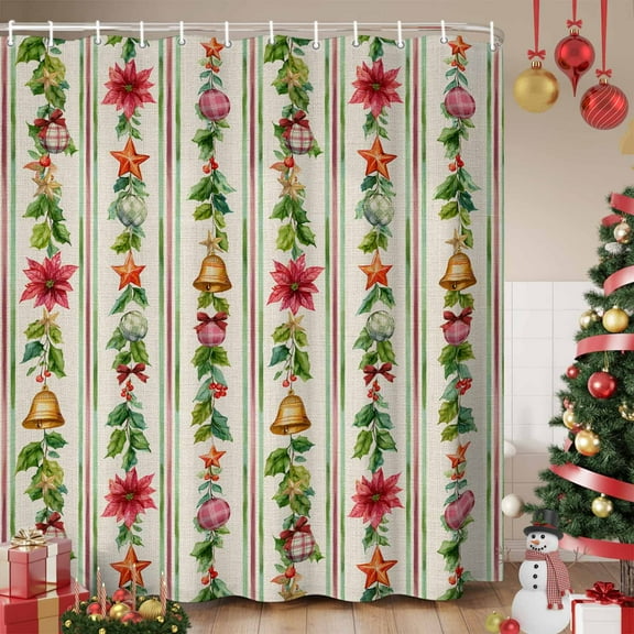 Christmas Poinsettia Shower Curtain, Xmas Balls Green Leaves Vintage Waterproof Fabric Shower Curtains with 12 Hooks, Bathroom Curtain Set for Bathroom Accessories Decor, 54 x 78Inches