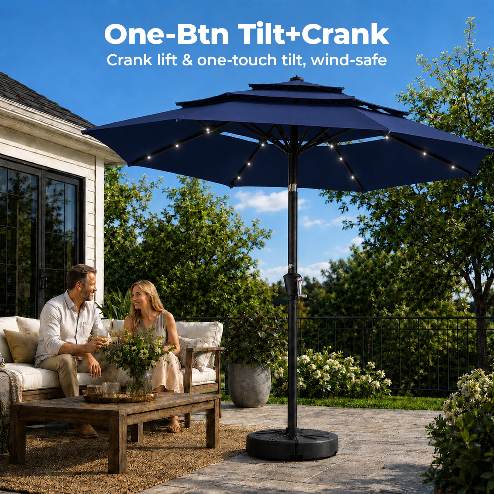 Alvantor 9ft 3‑Layer Solar Patio Umbrella Outdoor with 32 LED Lights, UV50+ Auto Dusk‑to‑Dawn for Dining Table, Outdoor Sofa & Beach Lounger