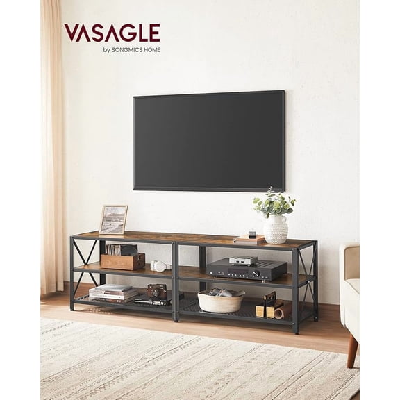 SONGMICS HOME Mueble de TV, Mesa de TV para Televisores de hasta 70 Pulgadas, Ancho 160 cm, Marco de Acero, con Estantes, para Salón, Dormitorio, Marrón Rústico y Negro LTV095B01