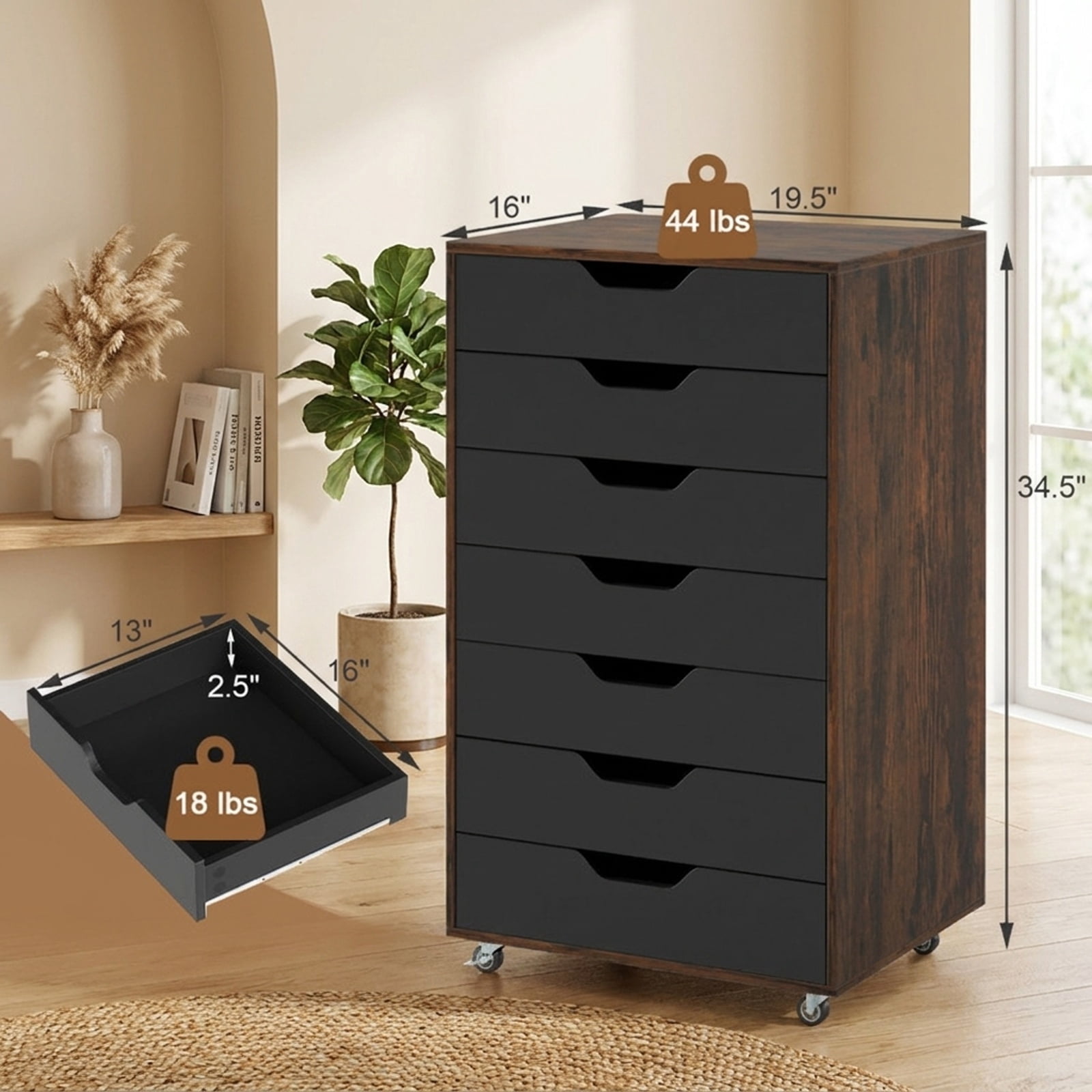 Furnibear 7-Drawer Chest Wooden Storage Dresser with Lockable Wheels for Home Office Filing Document Letter Legal Storage, Rustic Brown