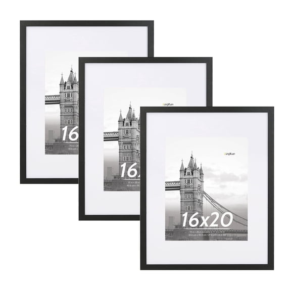 FungYuan 16x20 Wood Picture Frames,Gallery Wall Poster Frames Set of 3,16x20 Matted to 11x14 Wall Frames,Black
