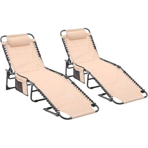 Folding Waterproof Patio Chaise Lounge Chair,Outdoor Adjustable and Reclining Tanning with Pillow and Side Pocket for Lawn,Beach,Pool,Portable Camping and Sunbathing(2 Pieces,Khaki