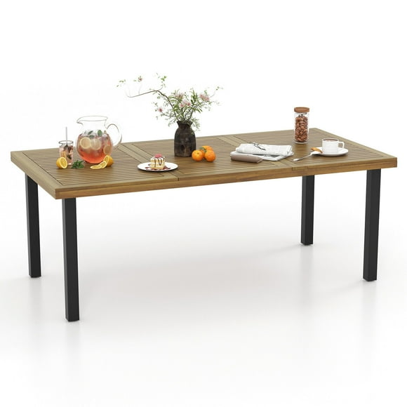 Gymax 8-Person Dining Table 79'' w/ 1.9'' Umbrella Hole Acacia Wood Adjustable Foot Pads