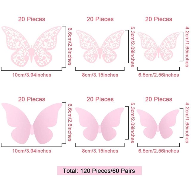 120 Piezas 60 Pares 3D Decoración de Pared de Mariposas en Capas Pegatinas de Mariposa Extraíbles Calcomanías Murales Huecas Diy Arte Decorativo de Pared Manualidades para Habitación de Bebé Hoga