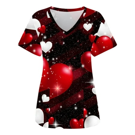 

Heart Printed Working Uniform Women Fashion Love Print Short Sleeve Workwear V Neck Pockets Tops Working Blouse Shirt Scrubs Uniform Nurses