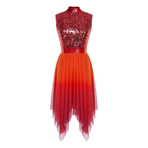 Aislor Women Glittery Sequin Praise Dance Asymmetric Overlay Dress Liturgical Lyrical Dancewear Red S