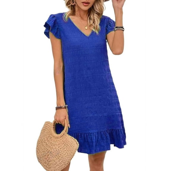 Summer Dresses for Women V Neck Cap Sleeve Ruffle Hem Smock Short Dress Royal Blue L