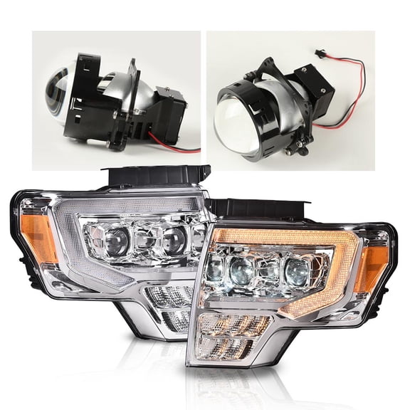 LED DRL Headlights Fit for Ford F150 2009-2014(Only Fit LED Style) Tube Dual Projector Headlamps Clear Lens Chrome Housing Amber Reflector faros delanteros