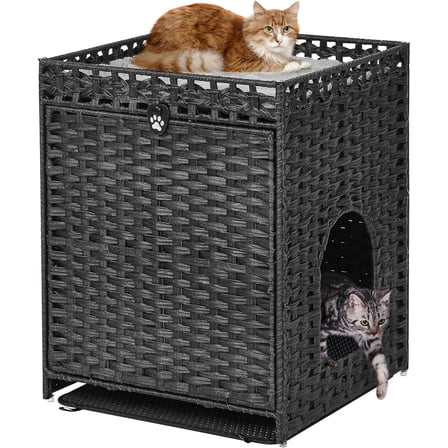Cat Litter Box Enclosure with Soft Litter Mat; Hidden Cat Washroom Furniture with Door; Handwoven Rattan Cat House; Pet Crate for Living Room, Bedroom, Balcony (Black)
