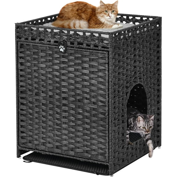 Cat Litter Box Enclosure with Soft Litter Mat; Hidden Cat Washroom Furniture with Door; Handwoven Rattan Cat House; Pet Crate for Living Room, Bedroom, Balcony (Black)