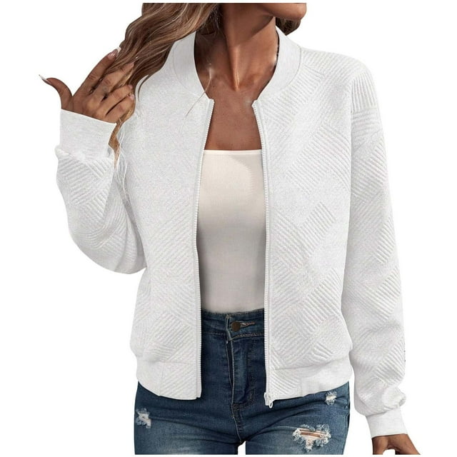 Moxiu Veste Bomber Texturée Zippée pour Femmes Manches Longues Décontractée Col Baseball Vestes Neutres Manteaux Légers 2025 Blanc,TTG