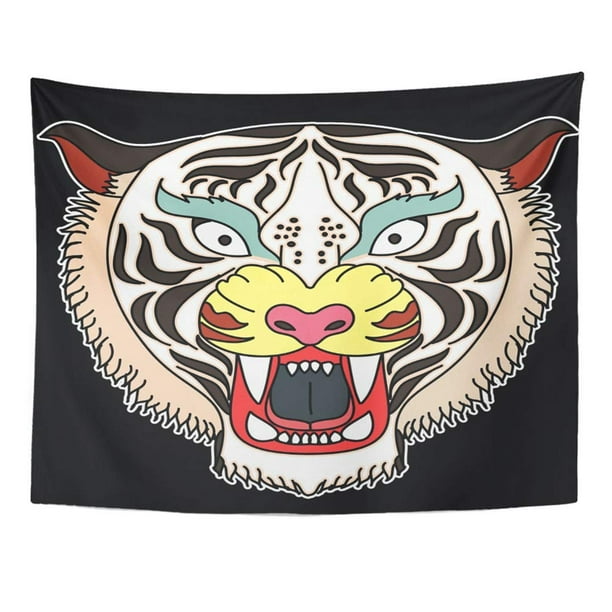 Zealgned Angry Tiger Face Sticker Head Traditional Tattoo Roaring Black Cartoon Cat Wall Art Hanging Tapestry Home Decor For Living Room Bedroom Dorm 60x80 Inch Walmart Com Walmart Com