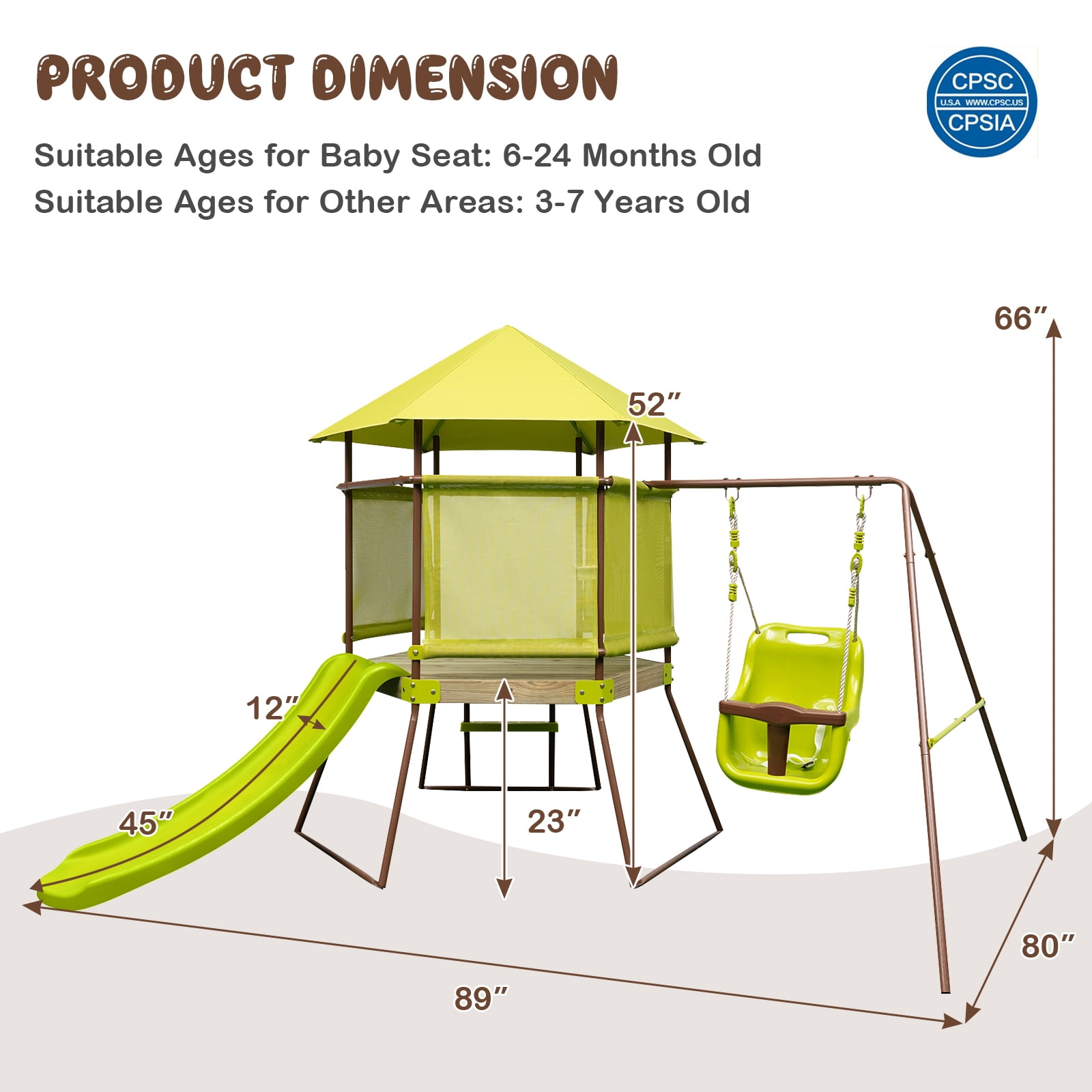 Infans 4-in-1 Swing Set w/ Covered Playhouse Fort Height Adjustable Baby Seat Slide