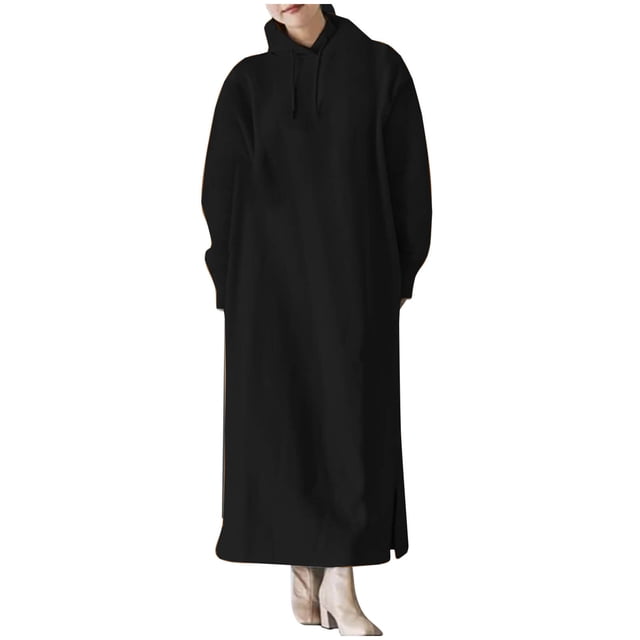 cfhntfmh Robes Grande Taille pour Femmes à Manches Longues Chandails à Capuchon Doux Robe Chandail Chaude en Molleton Fluide Longue Robe Maxi