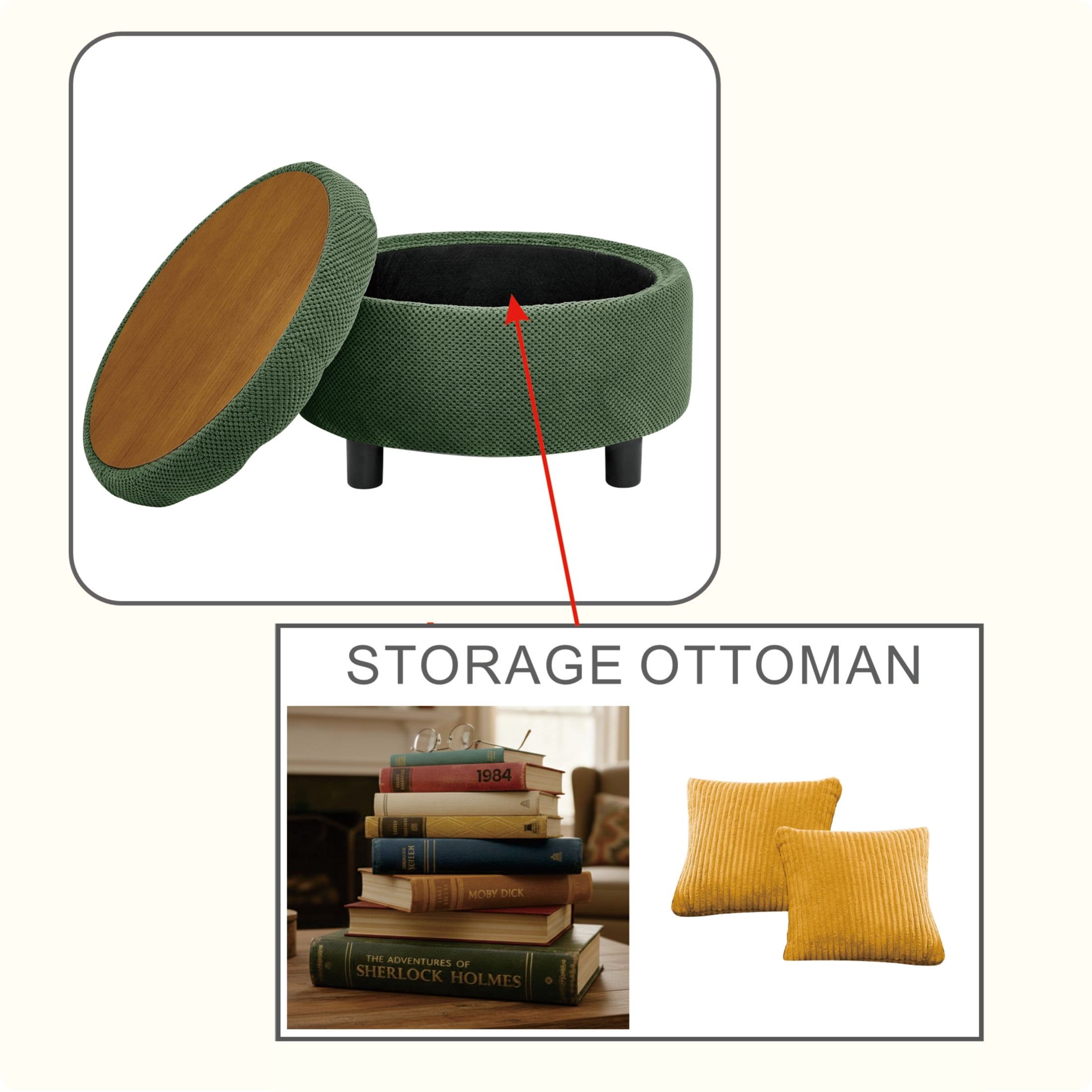 Noble House 25" Round Storage Ottoman with Removable Tray Top, Upholstered Coffee Table, Dark Green