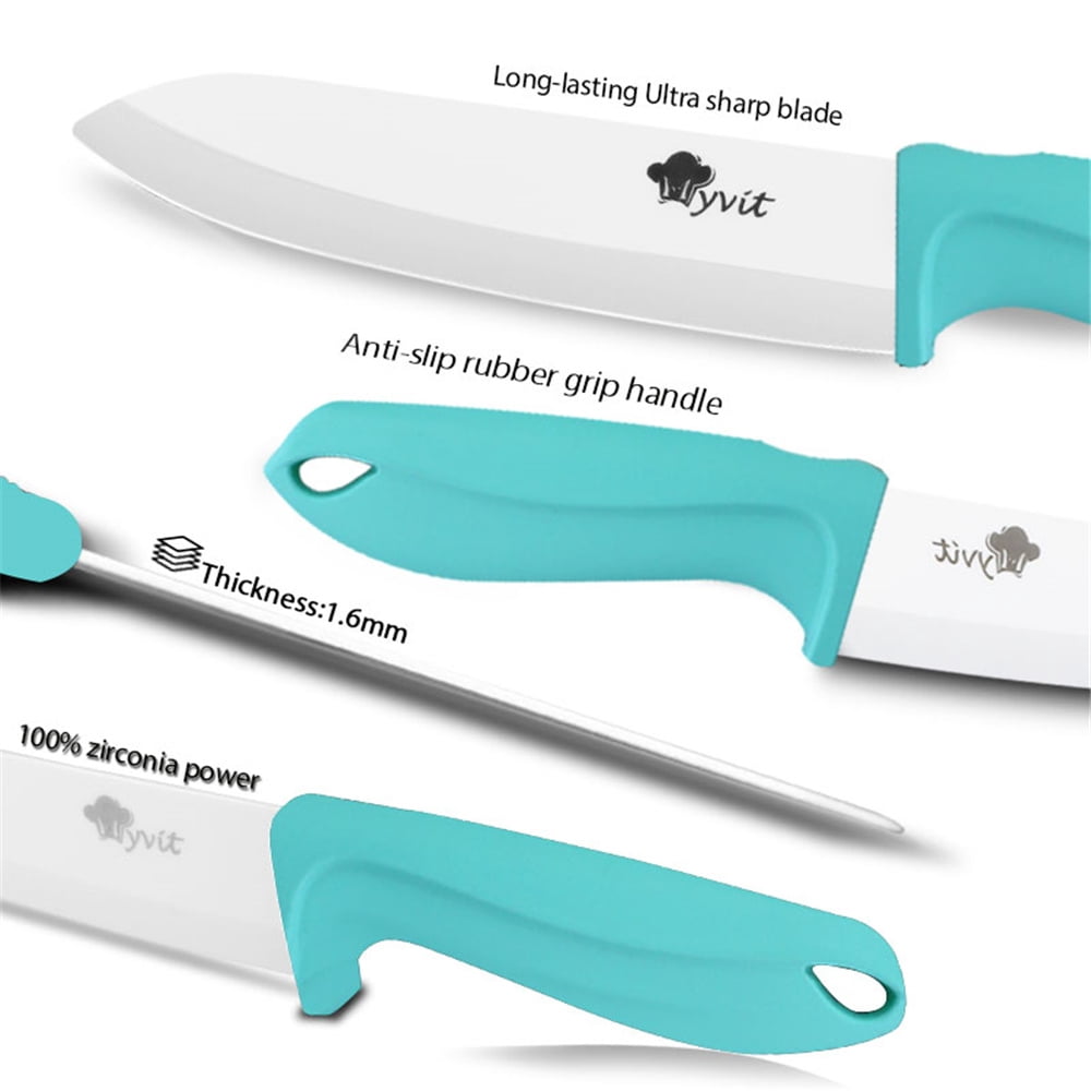 MYVIT Ceramic Knife Set for Kitchen, 11 Piece Fruit Cutting Knife Sharp Paring Knife with Blade Guards and Gift Box,3" 4" 5" Paring,6" Chef & 6" Serrated Bread Knife,Dishwasher Safe,Blue