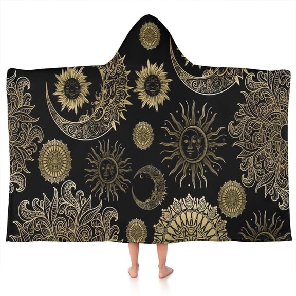 Black Gothic Sun Moon Pattern Hooded Bath Towel,50"x30" for Ages 3 To 12 Kids, Quick Dry Lightweight Soft Microfiber Hood Beach Towel Cover Up for Kids