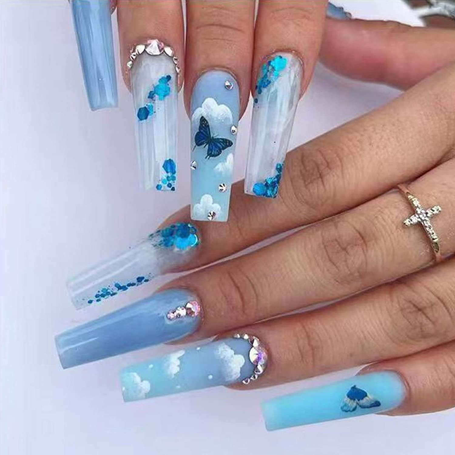 24 pcs Coffin Press on Nails Long Fake Nails Blue Glossy Glue on Nails Glitter Ballerina Acrylic Nails Butterfly Pattern False Nails with 3D Rhinestone Designs - Walmart.com
