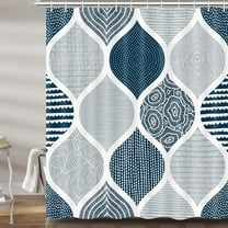 Blue and Grey Shower Curtain for Bathroom, Light Blue White Dark Gray Navy Bohemian Chic Geometric Pattern Fabric Shower Curtains Set, Modern Paisley Restroom Decor Accessories with Hooks 72X72Inches