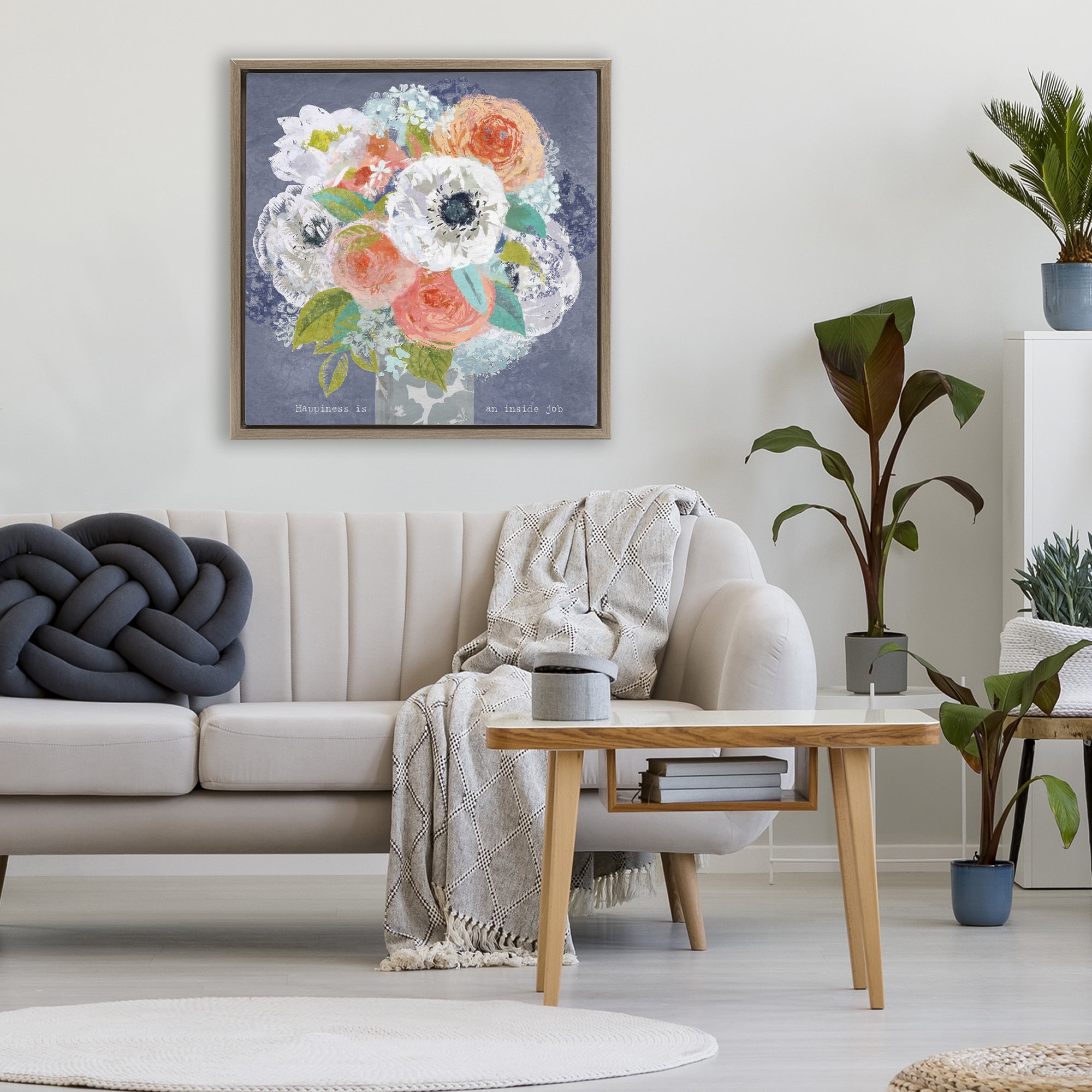 Stupell Industries Happiness Is An Inside Job Brown Framed Floater Canvas Wall Art, design by Suzanne Nicoll
