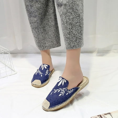 

〖Yilirongyumm〗 Dark Blue 35 Sandals Women Sandals Flat Women Ladies Fashion Casual Shoes Slipper Embroider Toe Round Women s Sandals