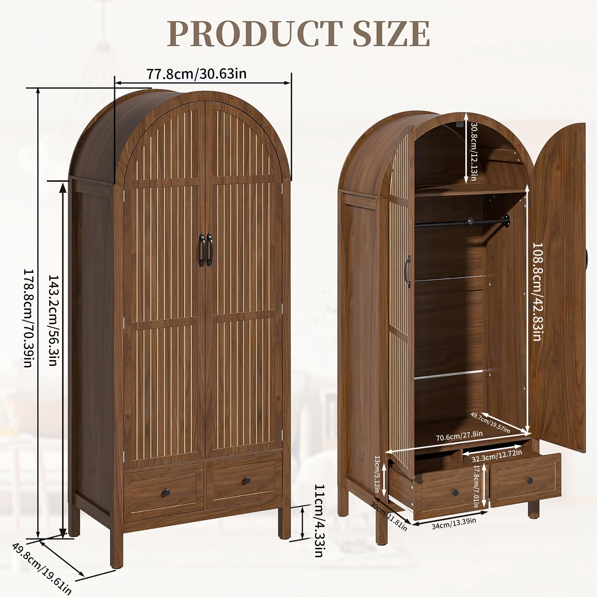 Oubayajia Arched Armoire Wardrobe Closet with Fluted Doors, Wooden Wardrobe Closet with Drawers, Shelves and Hanging Rod for Bedroom
