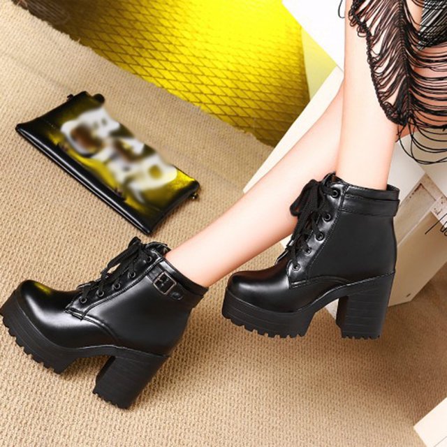 Botas cortas de terciopelo con cordones en la parte delantera para mujer, tacón alto, tacón grueso, punta redonda Wmkox8yii hfjk1466