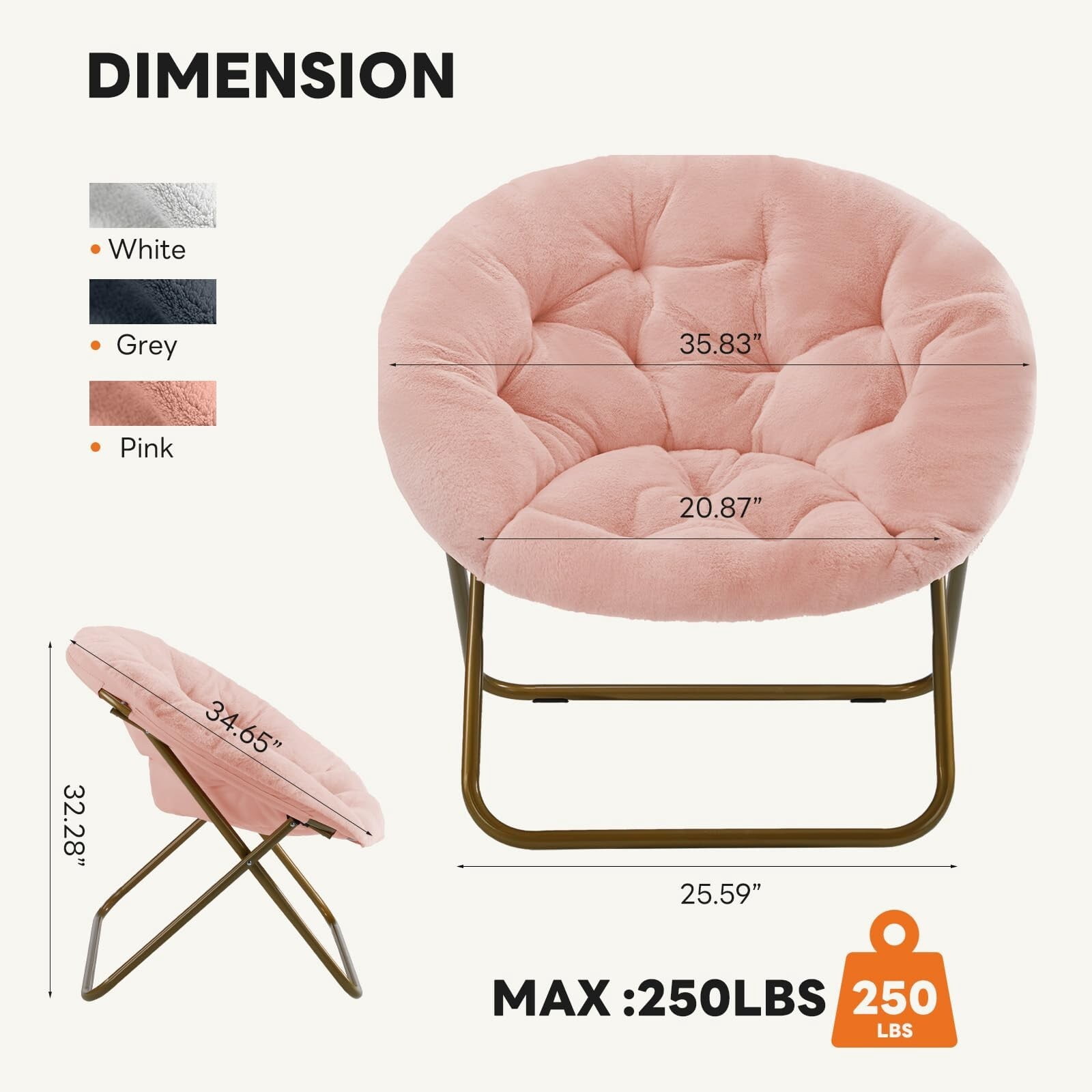 Kelno Faux Fur Saucer Chair 250lb Capacity Foldable Round Lounge Chair Soft Plush Folding Moon Chair, Pink