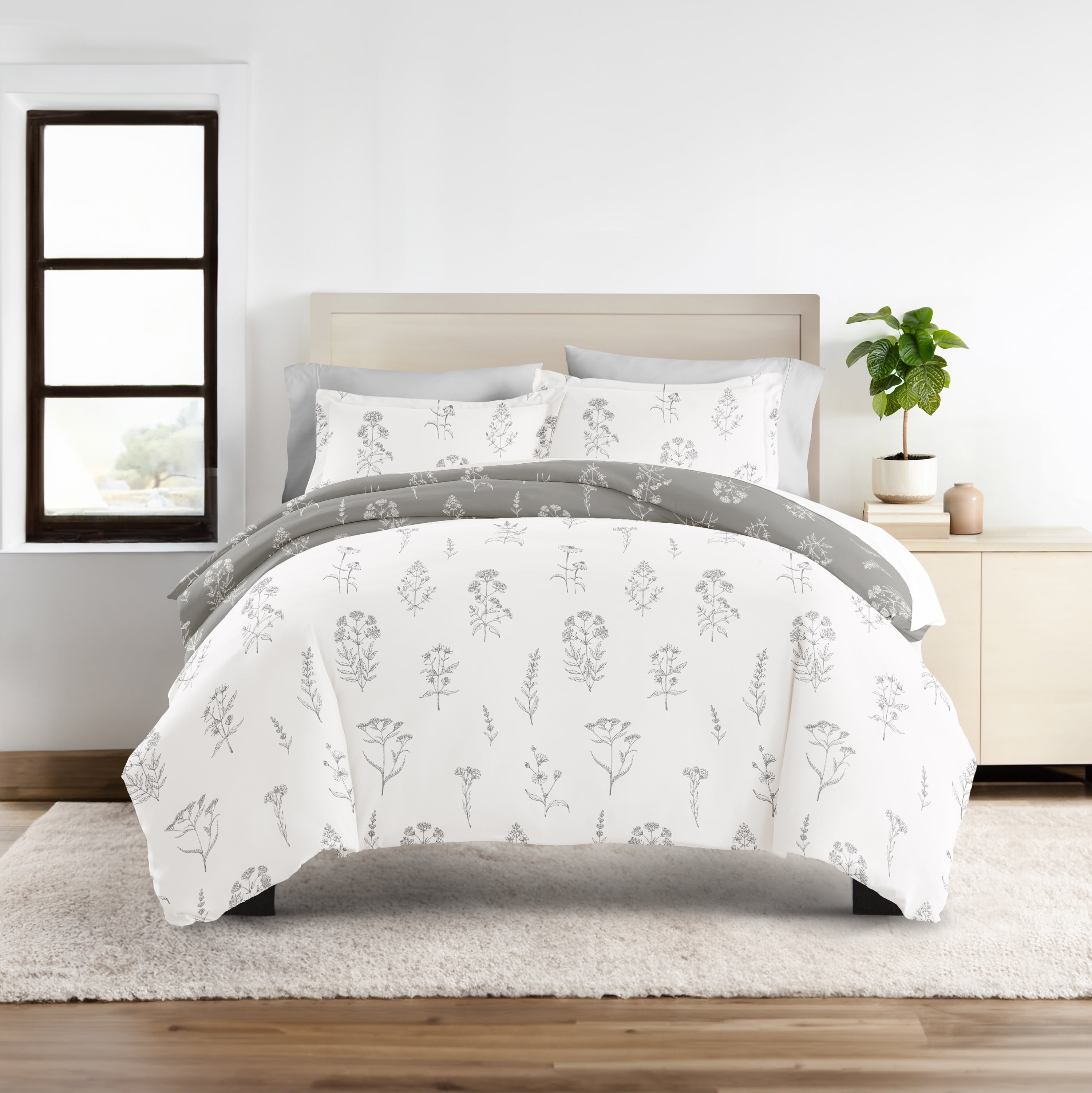 8PC Bedding Bundle - Patterned Duvet Cover Set White Comforter and Solid Sheet Set in Botany Floral