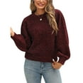 thumbnail image 1 of Chandail Tricoté à Col Rond pour Femmes, Manches Longues, avec Nœud dans le Dos, Rouge Vin, TP, 1 of 10