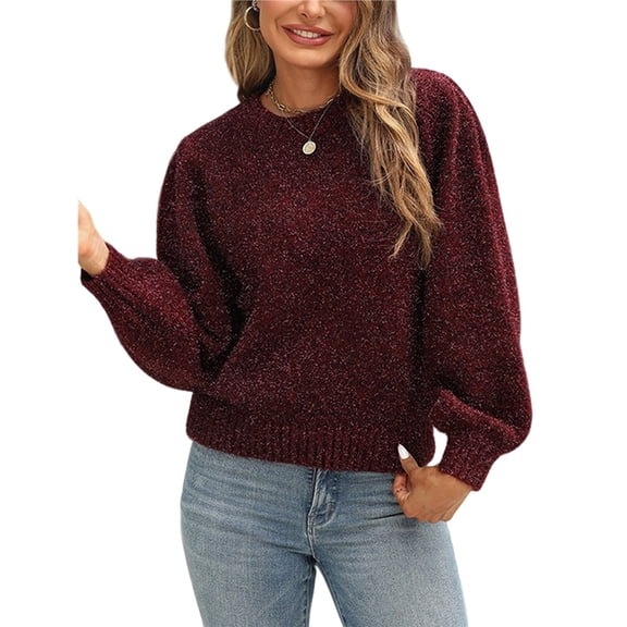 Women's Fall Crew Neck Knit Pullover Sweaters Long Sleeve Knitted Sweater with Tie Back Wine Red M