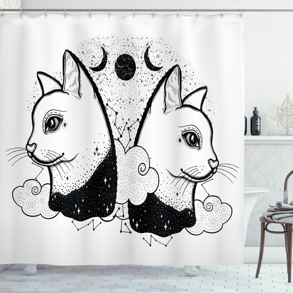 Ambesonne Alchemy Shower Curtain, Cats with Moon Clouds Stars, 69"Wx84"L, Charcoal Grey and White