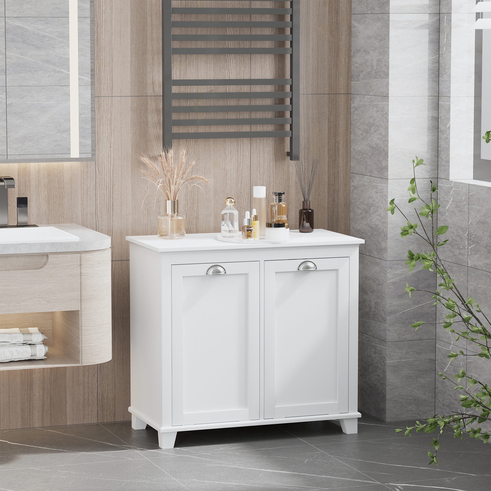 30" White Laundry Sorter Cabinet - Tilt-Out Hamper with 2 Storage Bins for Bathroom