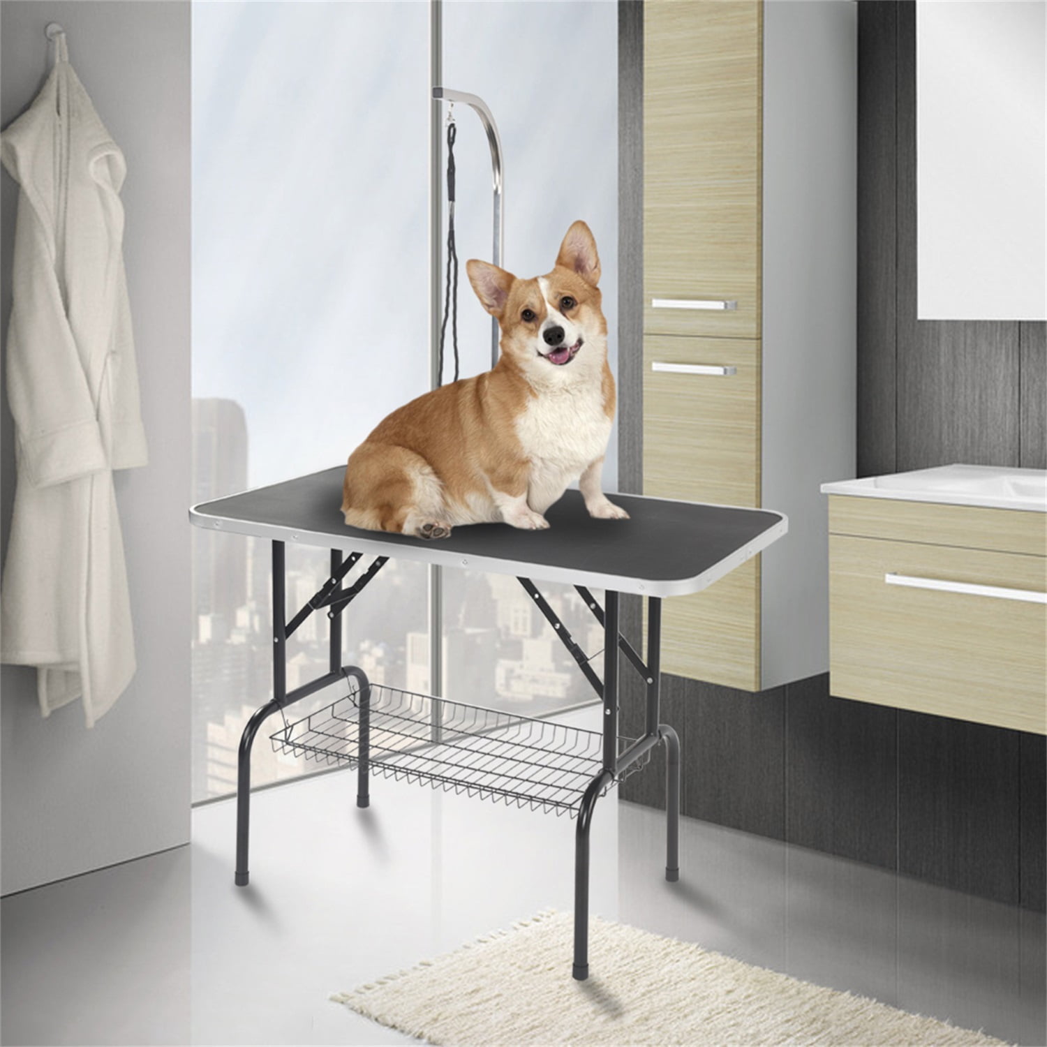 Pefilos 32" Foldable Pet Grooming Table for Dogs Cats with Mesh Tray and Adjustable Arm Silver Base with Black Table, M Pefilos 32" Foldable Pet Grooming Table for Dogs Cats with Mesh Tray and Adjustable Arm Silver Base with Black Table, M