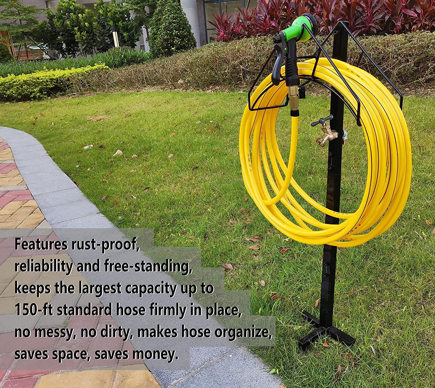 Freestanding Outdoor Garden Hose Holder Stand Nozzle With Faucet, Heavy Duty Metal Water Reel Storage Rack