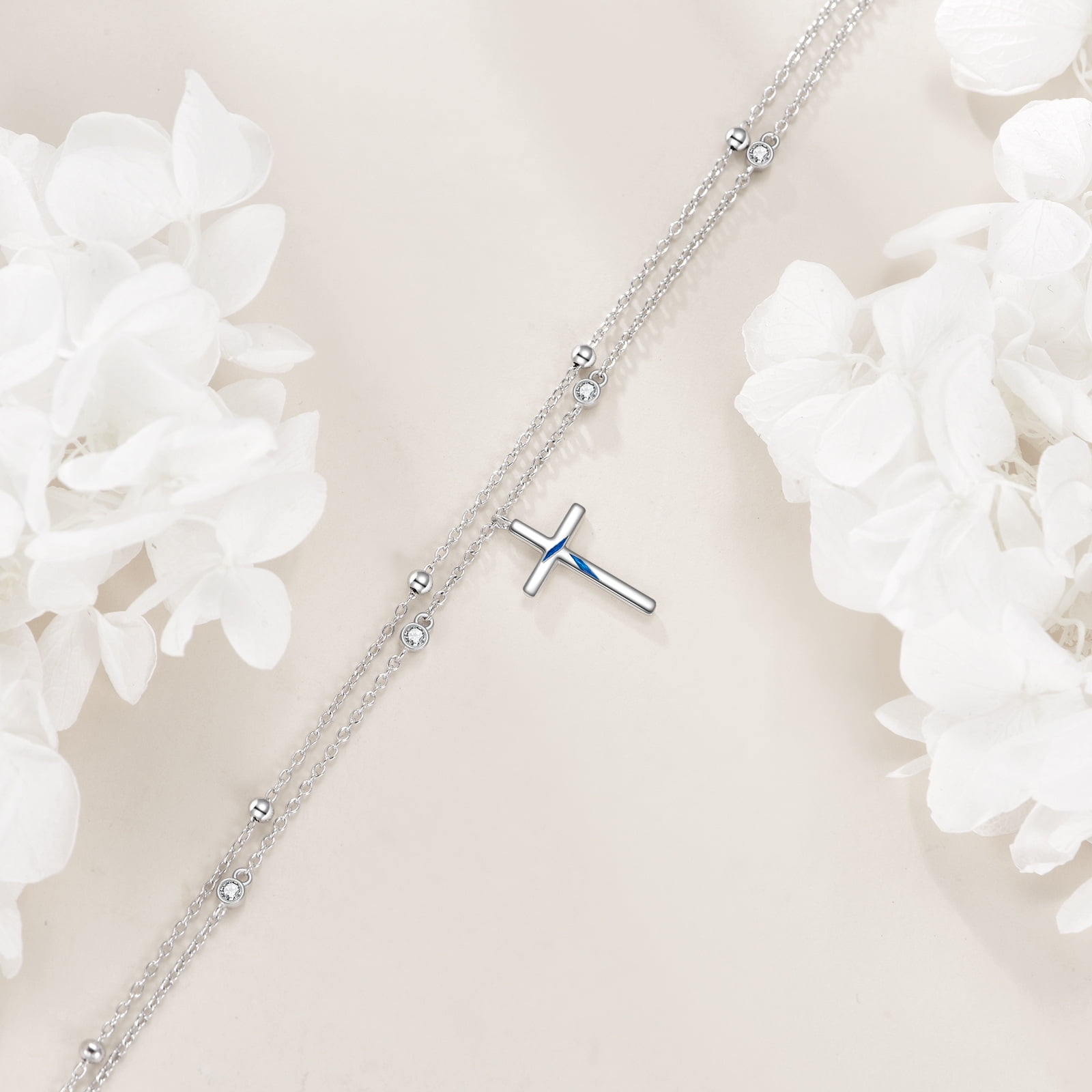 Cross Anklet Sterling Silver Religious Double Chain Anklet Christian Baptism Multi-layer Anklet Jewelry Women's Gift