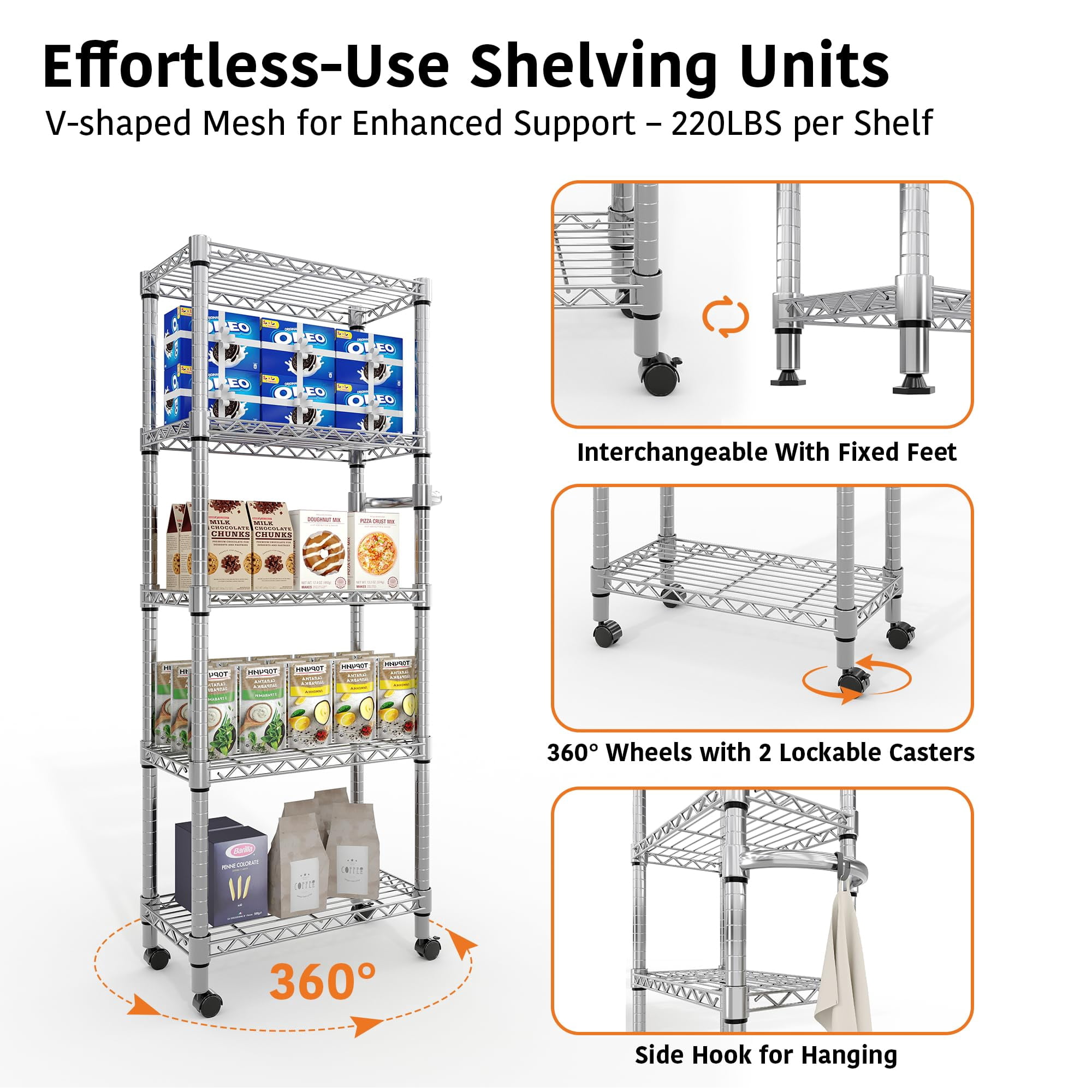 Gaderth 5-Tier Adjustable Wire Mesh Rack, 61-Inch Metal Storage Rack with Wheels, 24-Inch Wide Heavy-Duty Rolling Shelving Unit for Kitchens and Home Garages