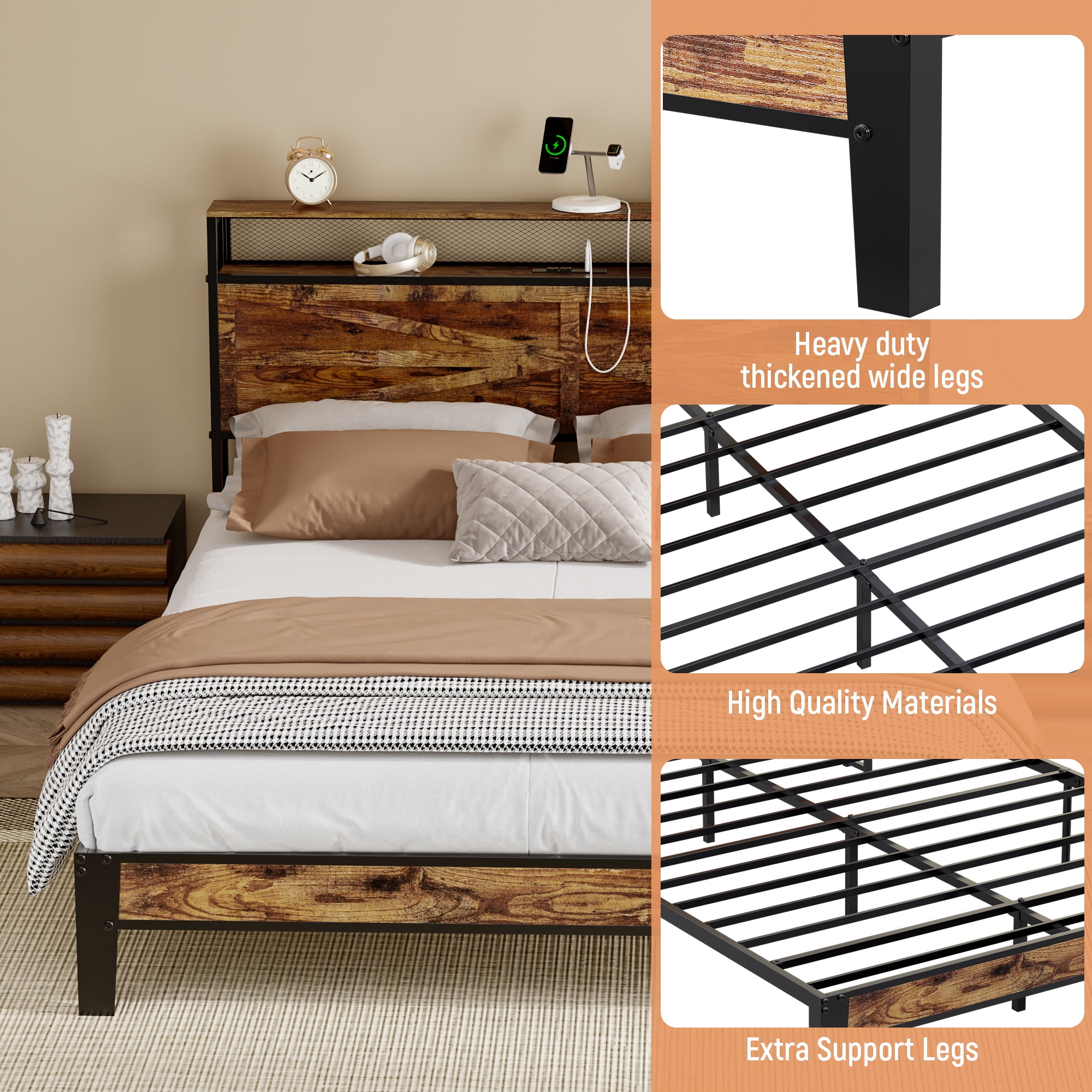 BEHOST Twin Bed Frame Heavy Duty Metal Platform with Headboard Shelf USB and Power Outlets Vintage Brown