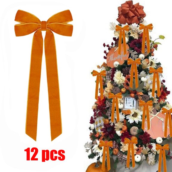 KOYPTL 12 Pcs Velvet Ribbon Bows Christmas Decorations 5 x 10 Inch Long Ribbon Christmas Tree Bows Hanging Ornament for Wreath Holiday Party Staircase Fireplace Home Decor Orange