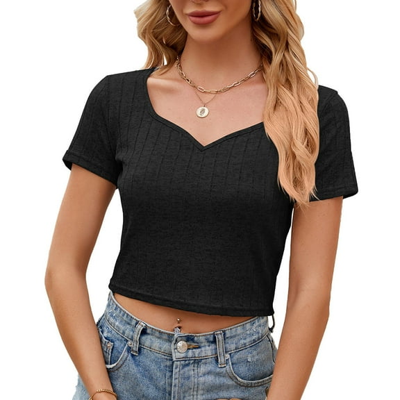 Tittly T Shirts for Women Tshirts Shirts Womens Short Sleeve Summer Tops Sweetheart Neckline Crop Top Basic Slim Fit Shirt Casual T Shirt 2025 Fashion Going Out Tops Summer Tops Black L