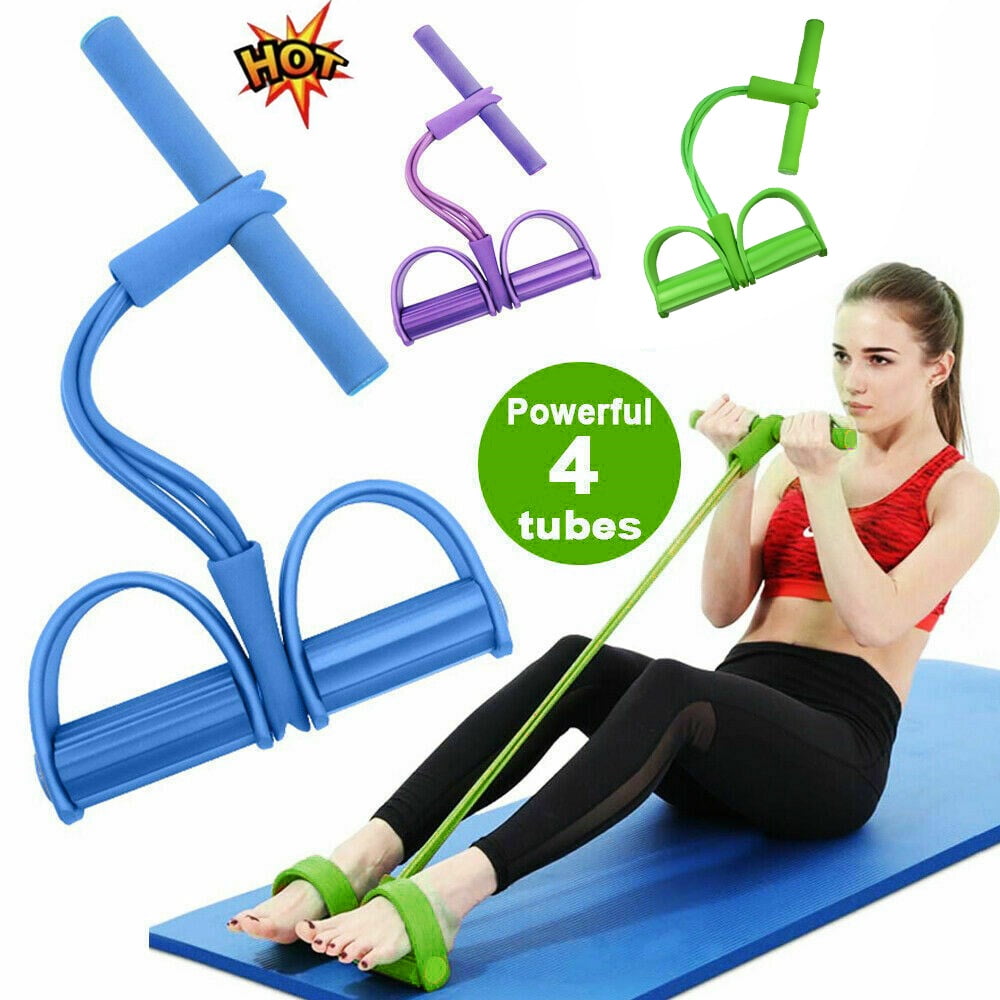 US Foot Pedal Pull Rope Resistance Exercise 4-Tube Yoga Equipment Sit-up Fitness