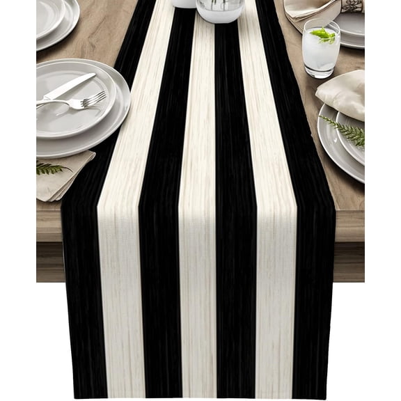 Table Runners 13X70 Inches Long, Black and White Striped,Cotton Linen Farmhouse Retro Rustic Barn Wood Texture Tablecloths Non-Slip Party Table Decorations for Kitchen,Home,Dining,Outdoor,