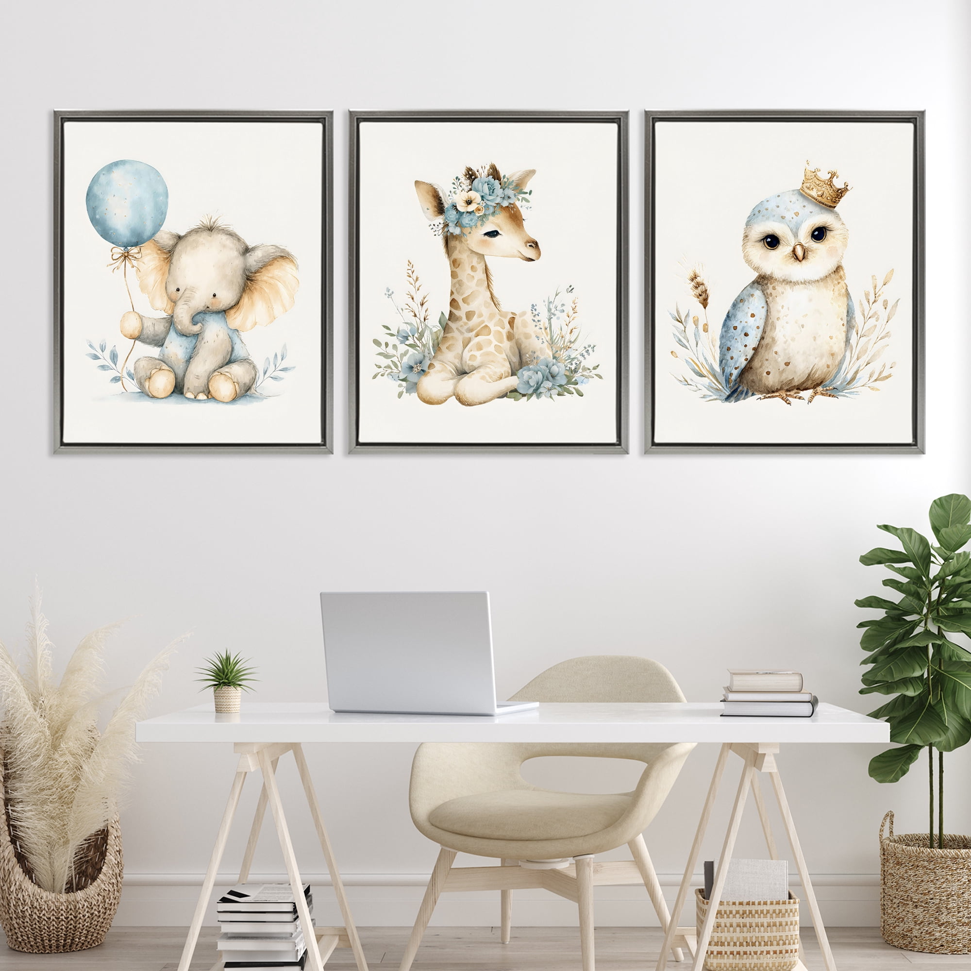 Stupell Industries Watercolor Nursery Animals 3 Piece Gray Framed Floater Canvas Set, design by LSR Design Studio
