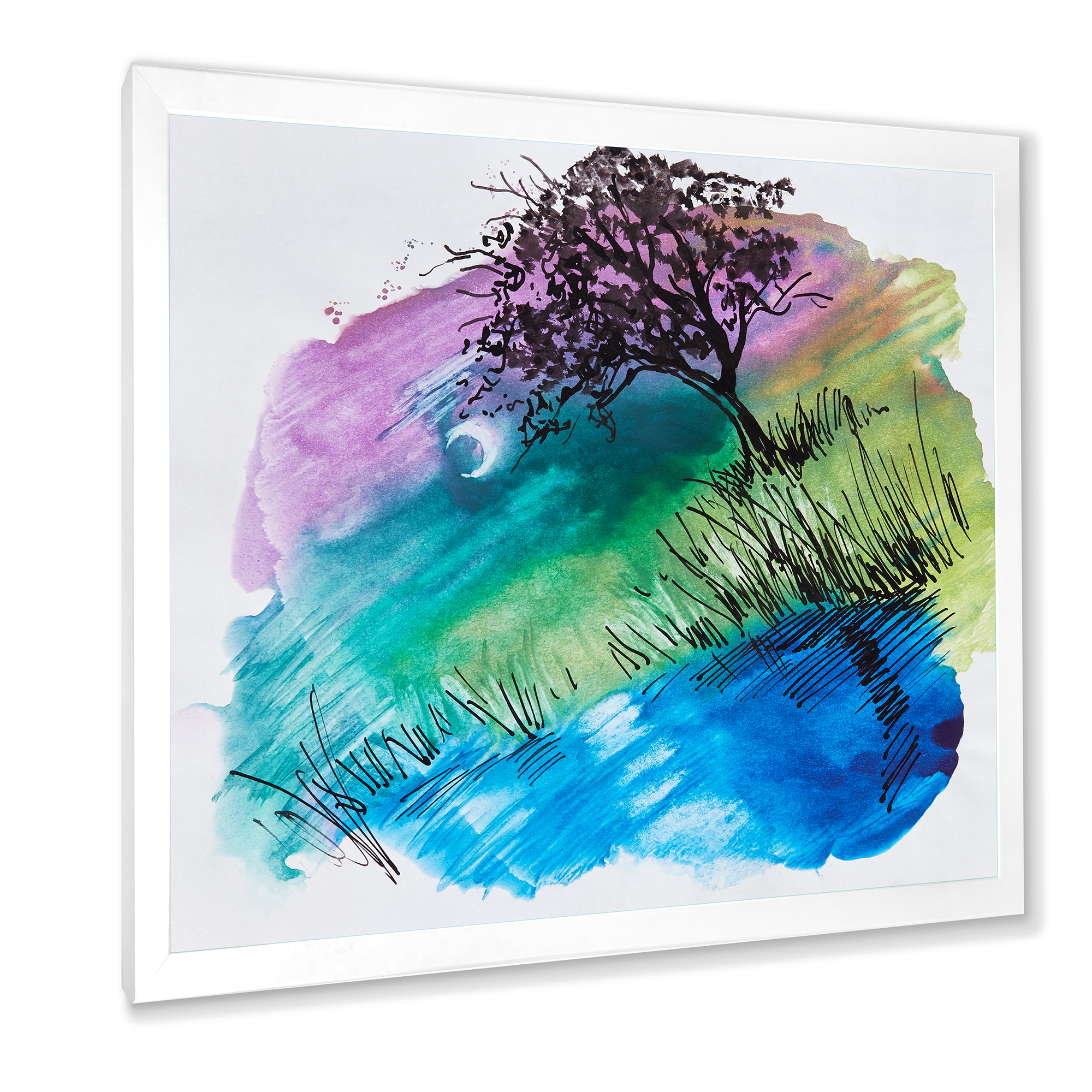 Designart 'Rainbow Silhouette Of Tree On The Riverbank At Night' Modern Framed Art Print