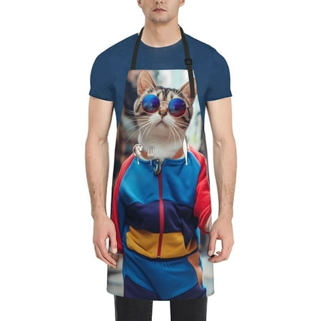 

Pofeuu Cool Cat In Sunglasses Print Waterproof Apron with Pockets Adjustable Cooking Aprons Kitchen Bib for Baking Household Cleaning