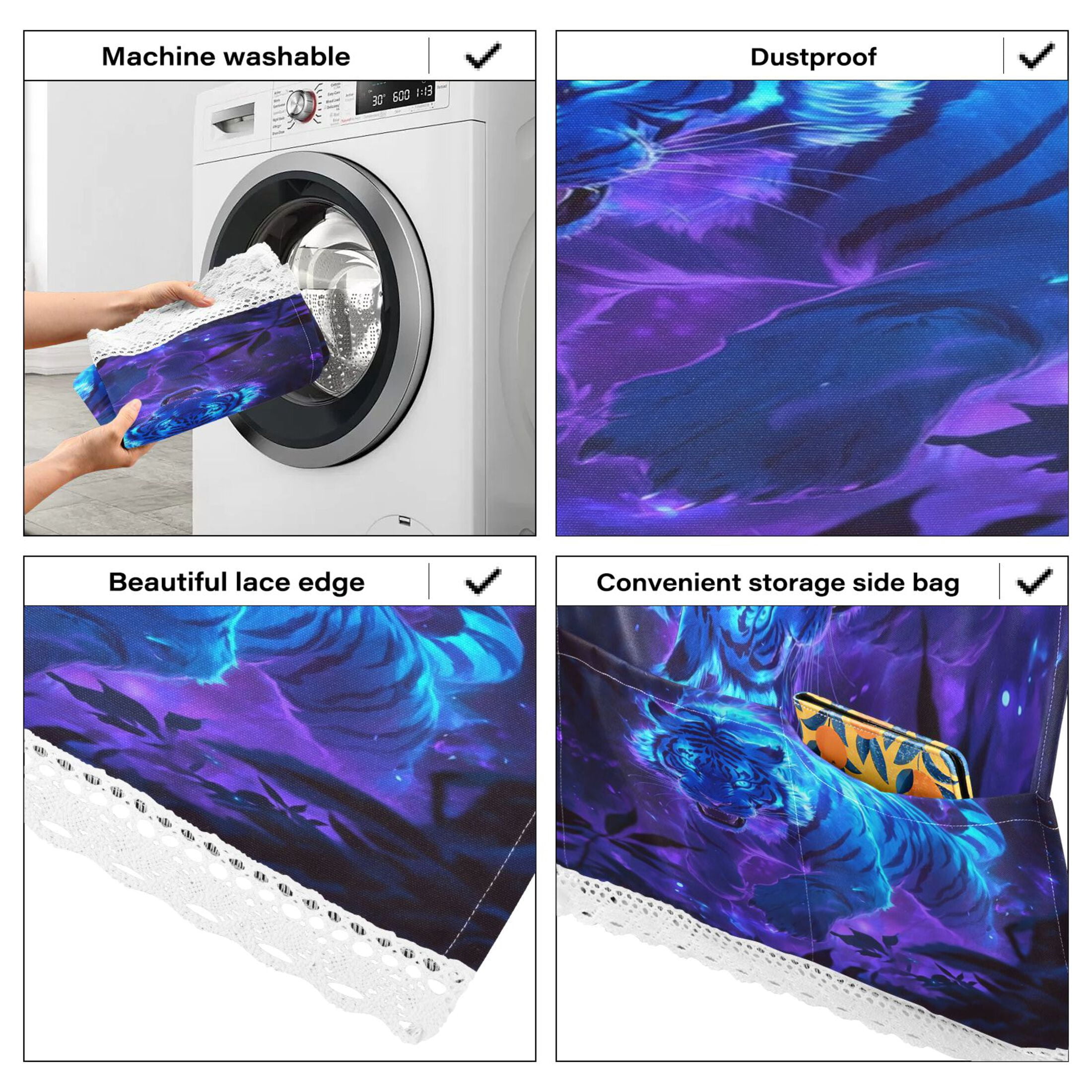 Washing Machine Cover 51.2x22in, Durable Polyester Dust Cover with Lace Trim and Side Pocket for Appliances Glowing Blue Tiger