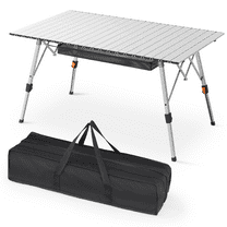 Magshion Outdoor Folding Table with Adjustable Legs, Aluminum Roll Up Camping Table with Carrying Bag, Mesh Storage Organizer, Silver