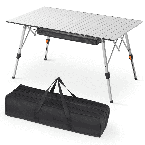 Magshion Outdoor Folding Table with Adjustable Legs, Aluminum Roll Up Camping Table with Carrying Bag, Mesh Storage Organizer, Silver